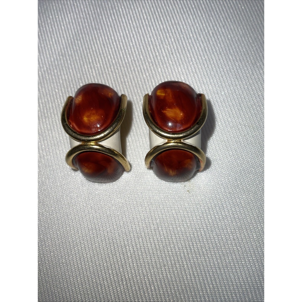 Vintage Gold Tone Faux Amber Tortoise Shell Resin Clip On Statement Earrings - Picture 2 of 8